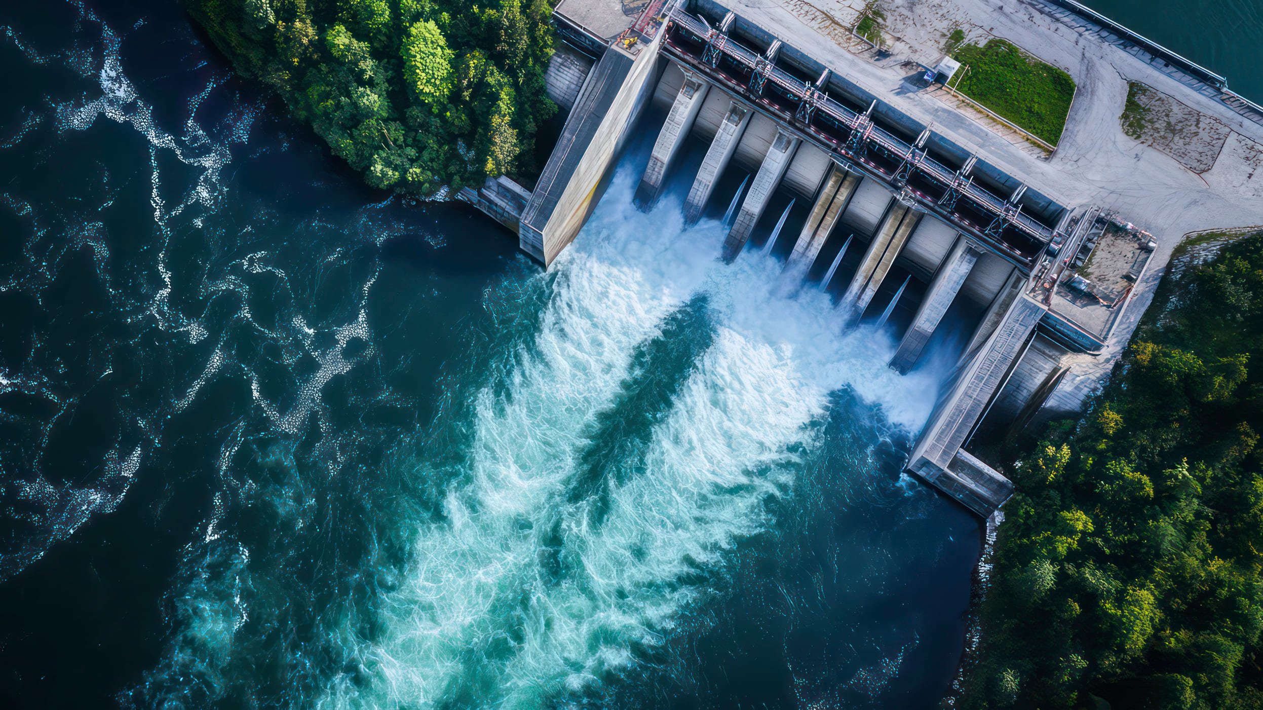 Luftaufnahme eines Wasserkraftwerks mit Turbinen und Staudamm – saubere Energie durch Wasserkrafttechnik von Natur Energietechnik