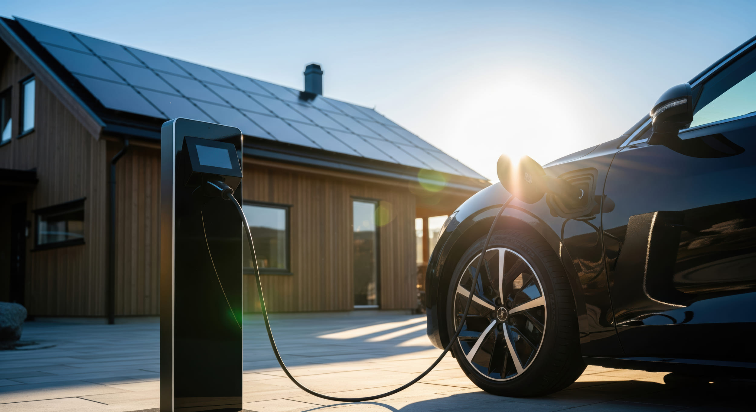 Elektroauto an moderner Ladestation vor Haus mit Photovoltaikanlage – E-Mobilitätslösung von Natur Energietechnik